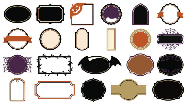 Vintage Halloween Frames Collection. 22 Spooky Retro Label Badge Vector Set. Gothic, Pumpkin, Bat, Seal, Ribbon, Border. Autumn, Magic, Occult. Black, Orange, Purple. Scrapbooking, Design, Print.