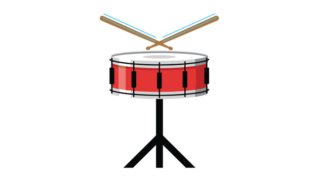 Classic red snare drum with crossed wooden drumsticks resting above it on a black tripod stand over white background.