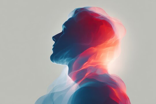 Aura colors shift from red to blue, showing emotions and energy flow in a figure&rsquo;s profile set against a light background