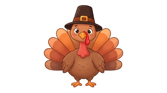 A charming cartoon turkey wearing a pilgrim hat evokes the spirit of thanksgiving and family gatherings celebrating gratitude and togetherness