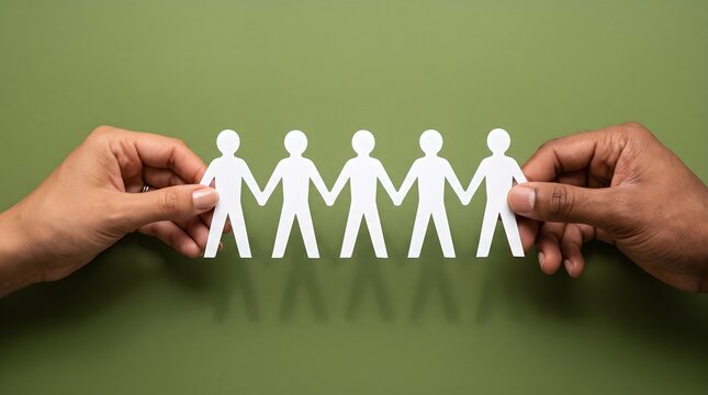 Unity and teamwork with paper people holding hands.