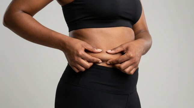 Black woman pinching skin on abdomen for weight loss and body positivity check.