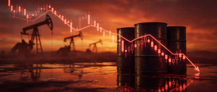 Declining oil price chart overlaying crude barrels and pump jacks.