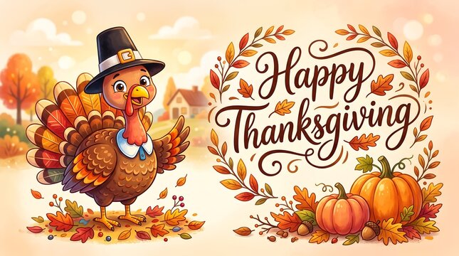 A delightful thanksgiving celebration featuring a charming turkey character and autumnal elements spreading joy and gratitude for the season