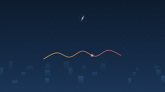 Digital signal moving over stylized city skyline with compass icon, motion graphics isolated on solid background