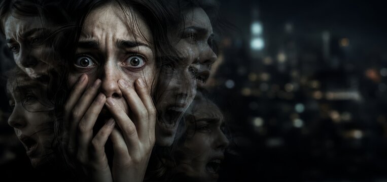 Woman with scared face covering mouth with hands surrounded by multiple screaming faces in darkness. Mental health problems, panic attack and anxiety disorder