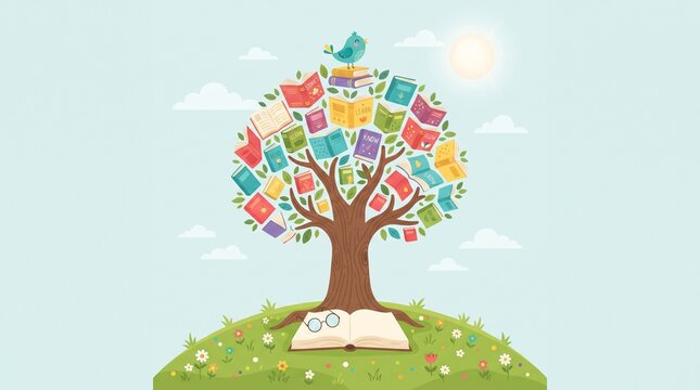 Colorful knowledge tree growing from an open book