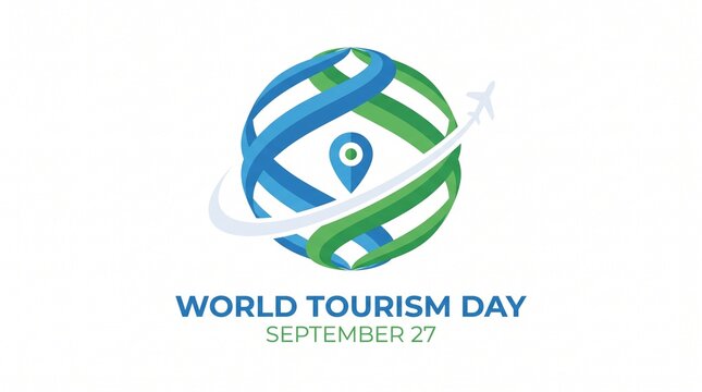 World tourism day promotional poster with stylized globe and airplane graphic