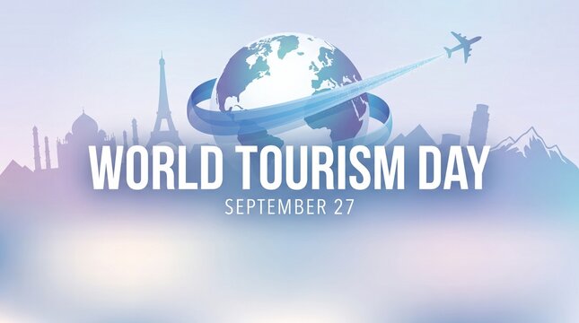World tourism day celebration banner with scenic mountain landscape