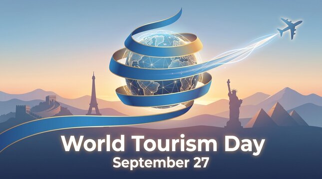 World tourism day promotional poster with earth graphic and airplane silhouette