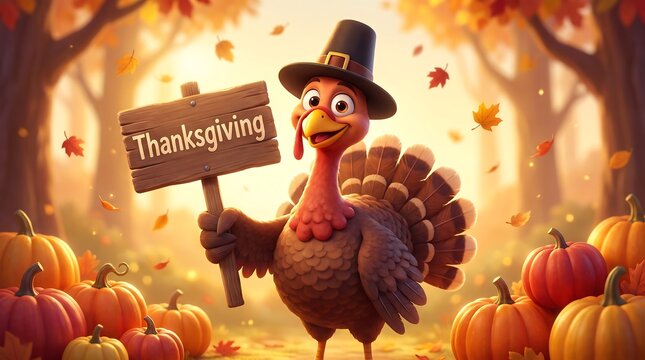A charming illustration depicts a festive turkey celebrating thanksgiving surrounded by pumpkins and autumn foliage evoking warmth and gratitude