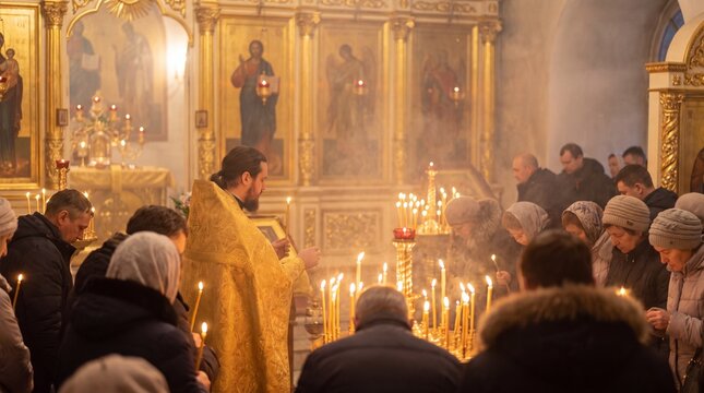 Orthodox Christmas Candlelight Church Service With Priest, Congregation And Iconostasis For Faith, Worship And Sacred Holiday Tradition