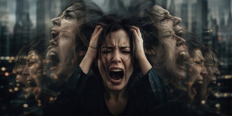 Fototapeta premium Screaming woman with multiple exposure faces showing anger and despair. Emotional stress, mental breakdown and psychological disorder concept. Mental health awareness and therapy illustration.