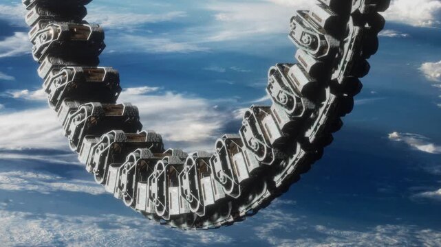 A robot arm is floating in space. The arm is made of metal parts and seems to be in a curved shape. Below, Earth can be seen with clouds and blue ocean.
