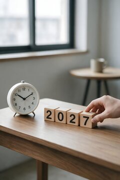 A clock and wooden calendar blocks showing 2027, symbolizing the arrival of a new year, time planning, goals, and future business