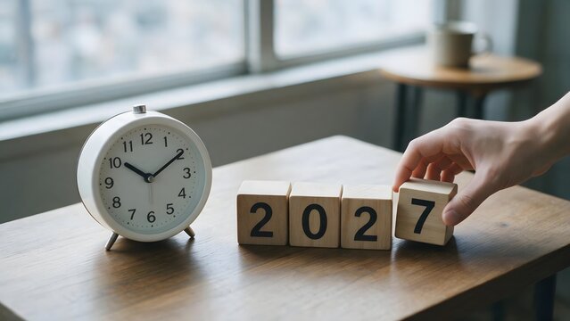 A clock and wooden calendar blocks showing 2027, symbolizing the arrival of a new year, time planning, goals, and future business