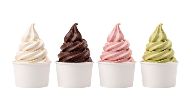 Four soft serve ice cream cones in white png on isolated transparent background