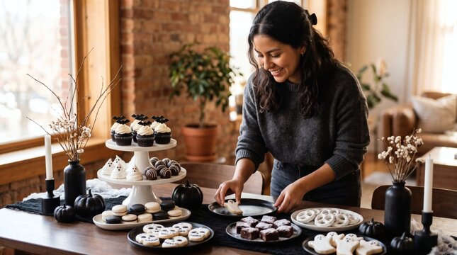 Woman arranging Halloween treats including ghost cookies cupcakes and brownies for a festive party