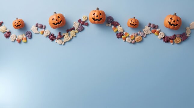 Colorful halloween candy and miniature pumpkins arranged in a festive border