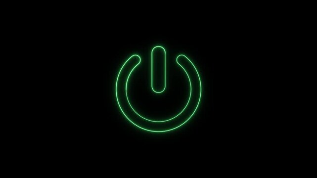 Glowing Green Neon Power Button Icon Animation on Black Background, Start, Shutdown and Technology Control Concept
