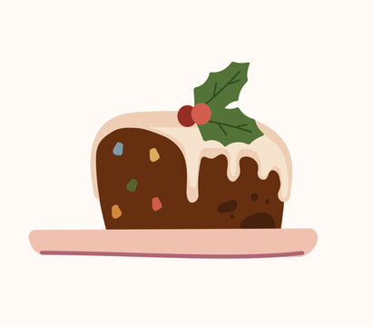 Traditional Christmas pudding fruitcake topped with white icing glaze and holly berries on plate. Festive winter holiday dessert vector illustration.