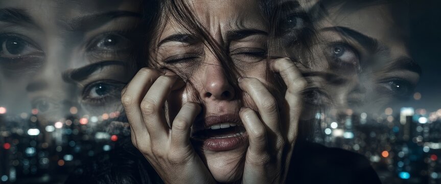 Woman screaming with hands on face surrounded by multiple ghostly faces over night city lights. Mental health crisis, anxiety and panic attack concept. Psychological disorder and emotional distress.