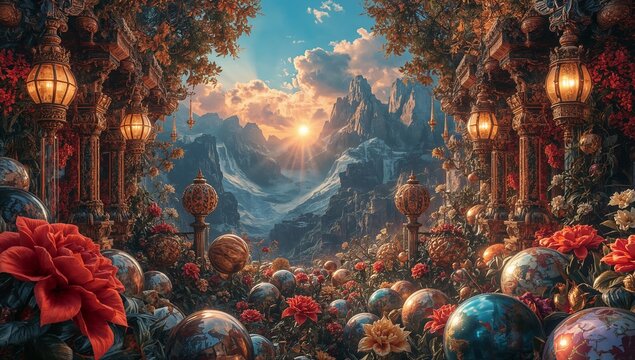 Enchanted Fantasy Garden With Glowing Orbs And Sunset Mountain View.