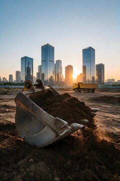Excavator at an urban construction site with modern skyscrapers at sunset, symbolizing city development, infrastructure, construction, and progress