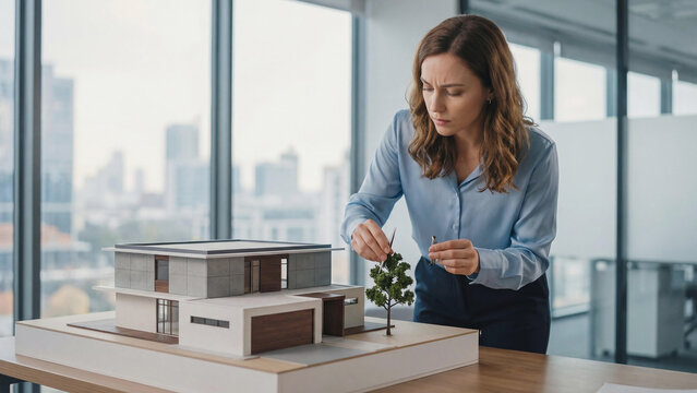 Young Caucasian woman architect in a blue shirt meticulously adjusts a tree on a modern house model in a modern office with city skyscrapers background. Professional workspace concept.
