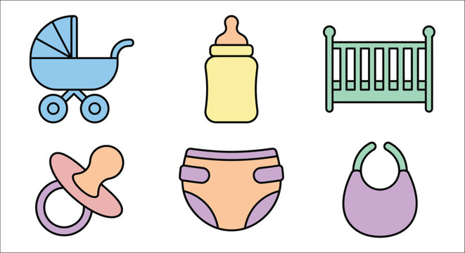 Baby items including a stroller bottle crib pacifier diaper and bib are depicted as a vector illustration