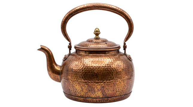 Hammered copper teapot with curved png on isolated transparent background