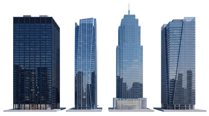 Modern glass skyscrapers in a row png on isolated transparent background