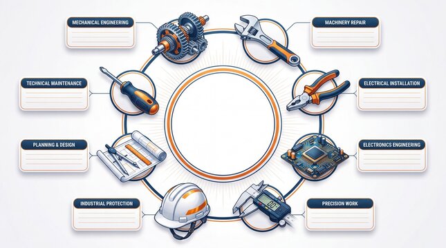 Industrial engineering and machinery repair infographic. Circular diagram featuring tools gears hard hat and circuit board with text templates