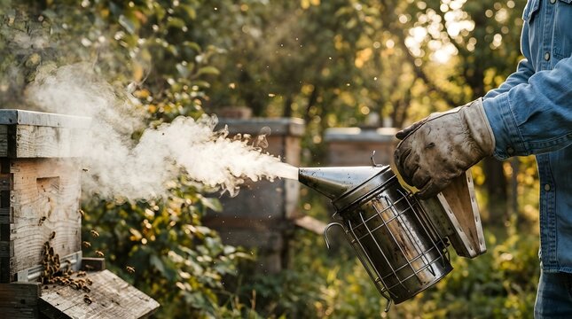 Beekeeper using stainless bee smoker tool to calm honey bees near wooden beehive boxes in apiary farm