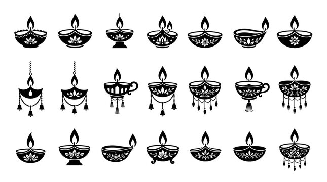 A collection of black silhouette icons depicting a traditional diwali diya oil lamp for hindu religious festival temple decoration designs