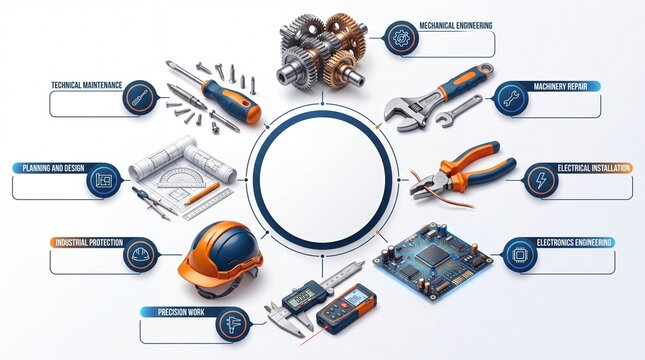 Mechanical engineering and industrial maintenance infographic template. Circular diagram featuring tools gears safety helmet and circuit board