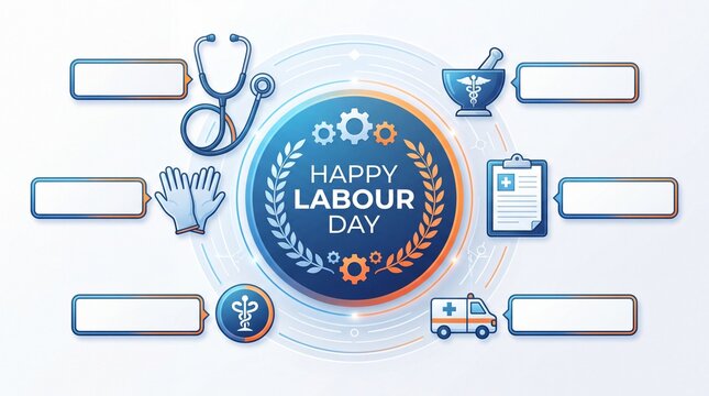 Happy Labour Day medical infographic template. Healthcare worker appreciation concept with stethoscope ambulance and mortar icons. Clean vector layout