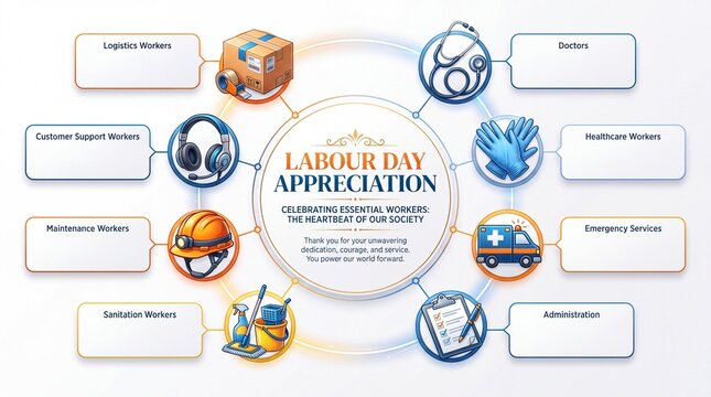 Labour Day Appreciation infographic template. Circular diagram featuring icons for essential workers and blank text boxes