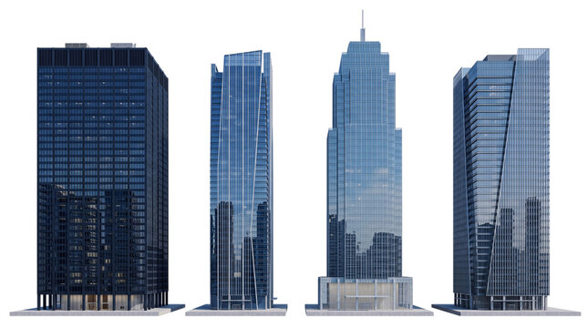 Modern glass skyscrapers in a row png on isolated transparent background