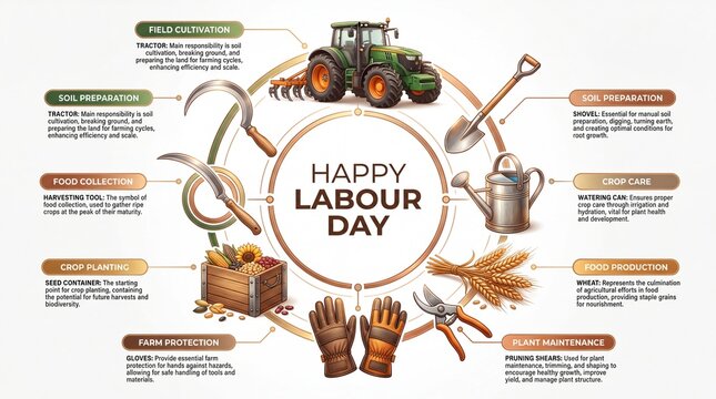 Agriculture infographic for Happy Labour Day. Farming tools including tractor shovel watering can and gloves arranged in a circular design