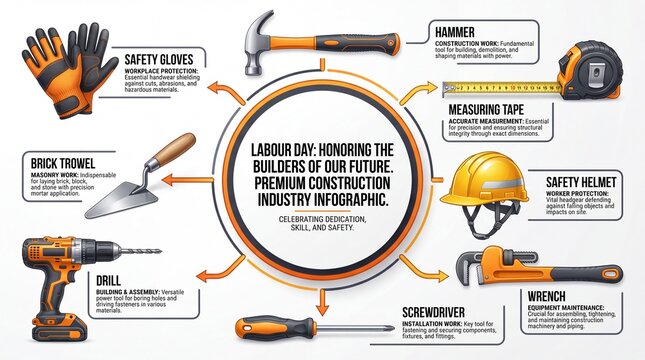 Labour Day construction industry infographic. Featuring tools like hammer drill measuring tape and safety helmet on white background