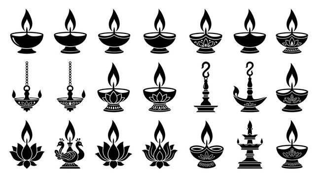 A collection of black silhouette icons featuring a traditional diwali diya oil lamp for hindu festival temple religious decoration designs
