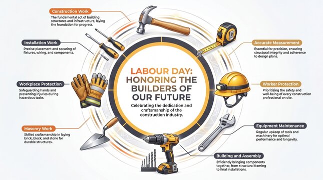 Labour Day banner with construction tools. Infographic illustration honoring builders. Features hammer hardhat drill and wrench on white background