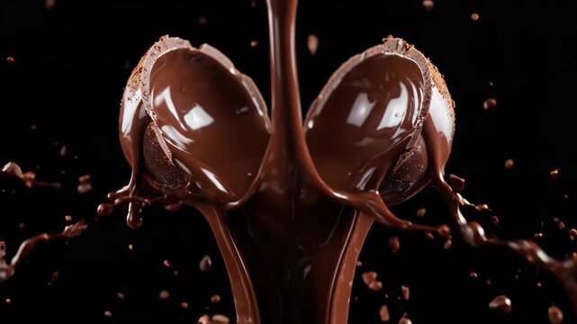 Dark chocolate truffle splitting with melted liquid splash