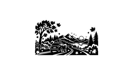 Obraz premium Autumn road trip with car driving through forest.