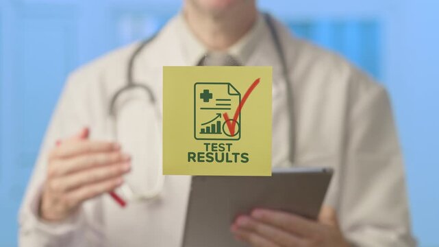 Medical professional in a lab coat with a stethoscope explaining good health test results, holding a digital tablet and a pen while gesturing during a consultation in the hospital office