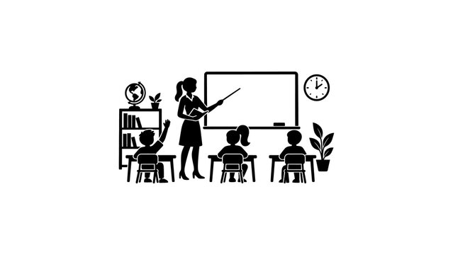 Black silhouette school classroom with teacher.