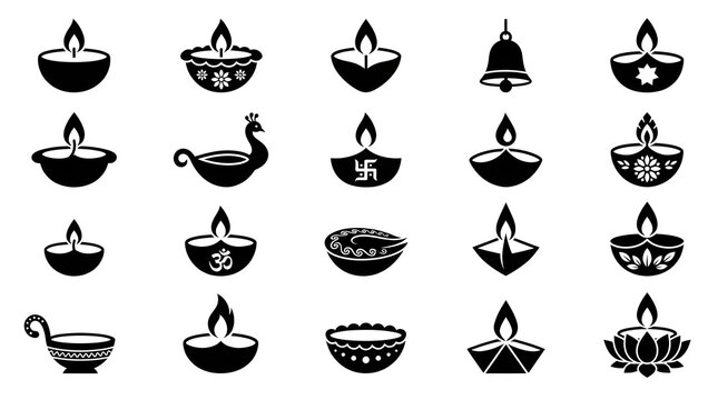 A collection of black silhouette icons featuring diwali diya oil lamp designs for traditional hindu festival temple religious home decoration
