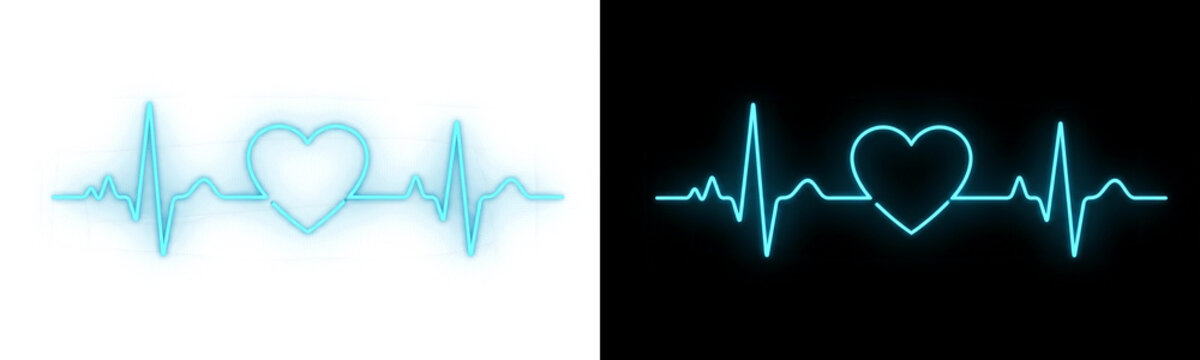 Neon blue heartbeat pulse line with heart shape symbol, glowing medical ekg rhythm, isolated on transparent background and black background set