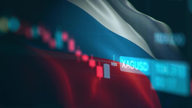 A dynamic timelapse video featuring fast moving stock market candlestick bars blended with a waving Russian flag, representing Russian economy, Moex financial markets, and Eurasia trading dynamics.